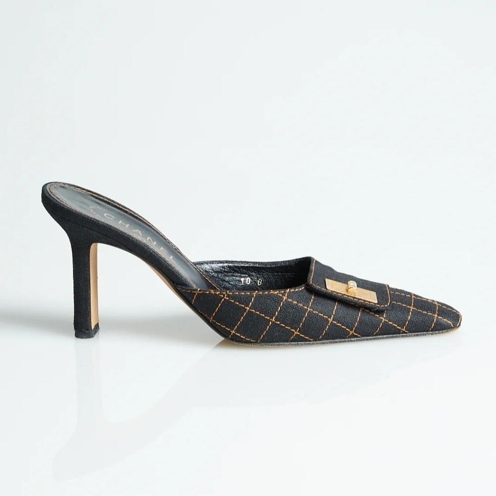Chanel Black Quilted Fabric Mules Size 38.5 - Picture 2 of 10